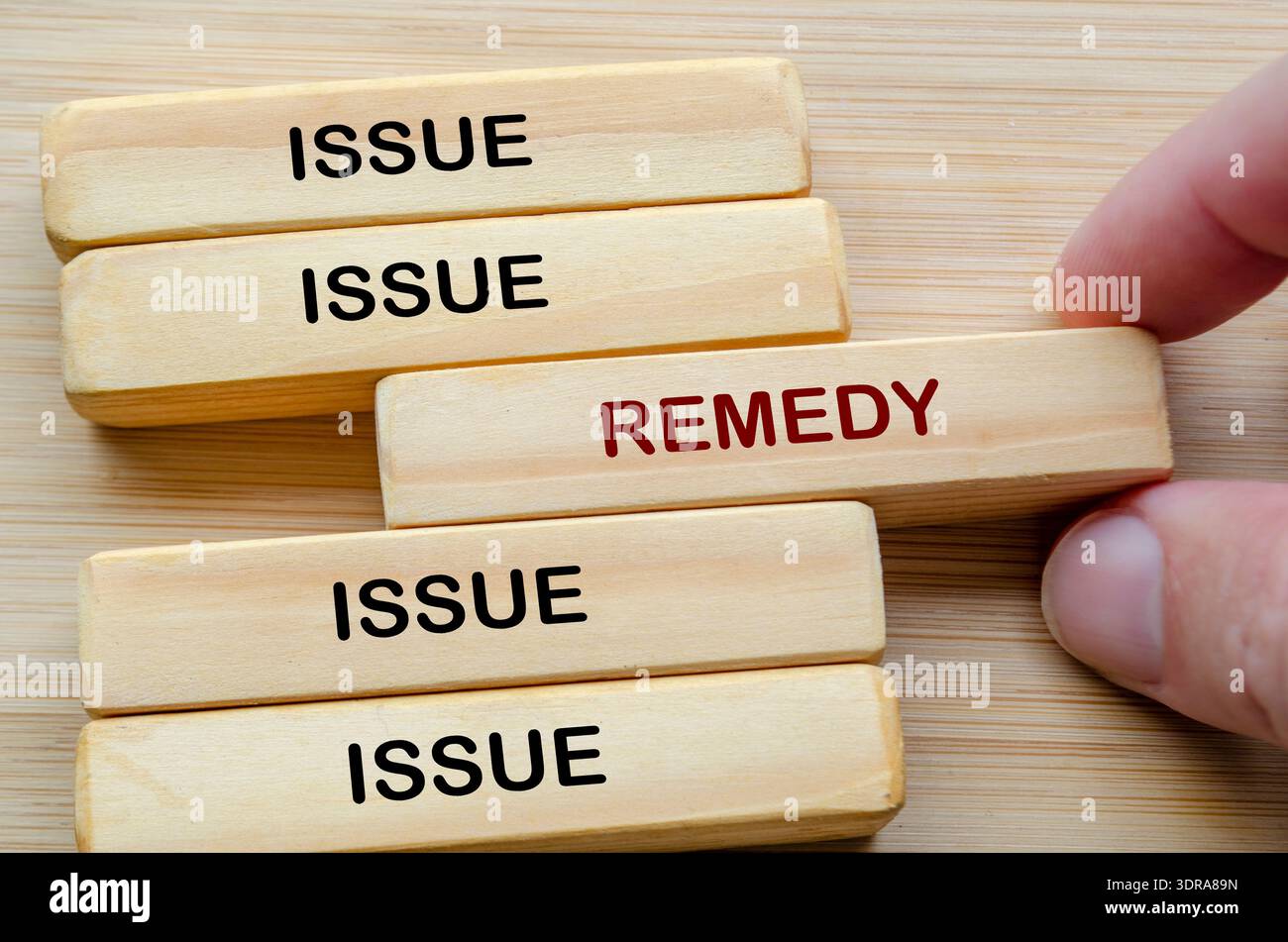 Testo del problema e del rimedio sui blocchi di legno che rappresentano l'identificazione dei problemi e l'applicazione di soluzioni pratiche per il miglioramento Foto Stock