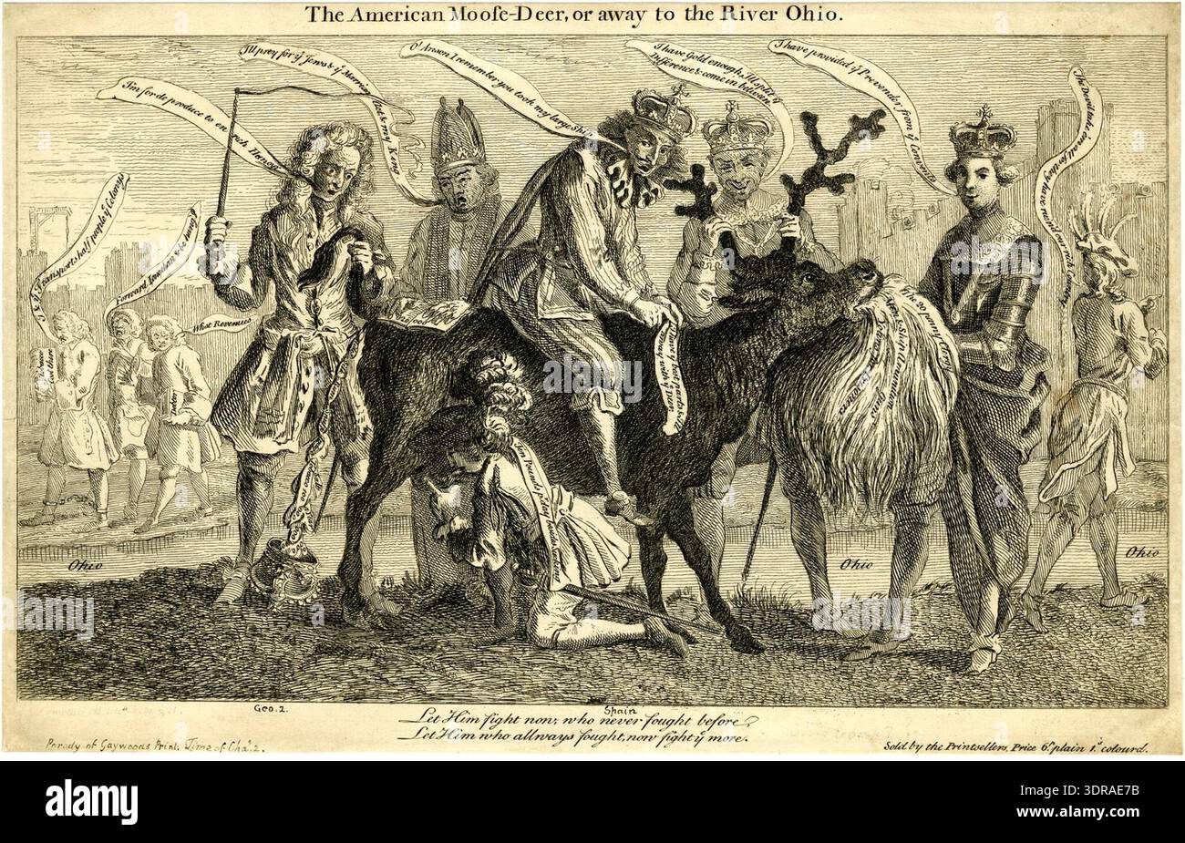 Questa incisione del 1755 raffigura l'alce-cervo americano, illustrando l'animale nel suo ambiente naturale lungo il fiume Ohio. L'immagine mostra le caratteristiche fisiche dell'animale, tra cui corna, zoccoli e consistenza della pelliccia. Gli elementi paesaggistici includono sponde del fiume, acqua e alberi. La stampa rappresenta un'illustrazione di storia naturale del XVIII secolo, osservazione della fauna selvatica, accuratezza anatomica, rappresentazione dell'habitat, tecnica di incisione, e narrativa visiva. Foto Stock