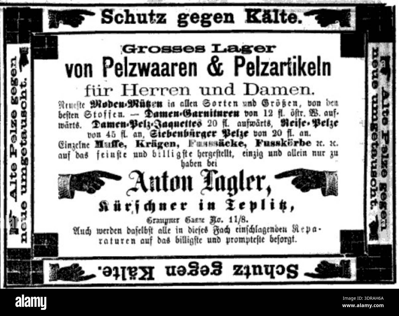 Questo annuncio del 1870 raffigura Anton Lagler, un furgone (Kürschner) a Teplitz, Germania. La stampa include i dettagli testuali della sua attività commerciale, della sua posizione e dei servizi offerti. Documenta le pratiche commerciali, il lavoro tradizionale a pelliccia, le pubblicità commerciali e la rappresentanza professionale nelle città tedesche della fine del XIX secolo, fornendo prove storiche visive e testuali di occupazioni artigianali. Foto Stock