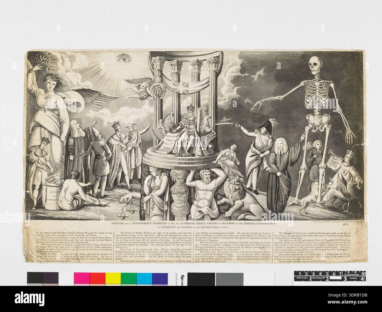 Transparency design, 1832, di E. Jones, esposto al 14 Catherine Street, Strand, celebrando il Reform Bill. Guglielmo IV siede su un trono su un dais circolare triplo con incisioni 'verità', 'Misericordia', 'giustizia', circondato da emblemi e con un rotolo 'Reform Bill approvato il 7 giugno 1832'. Trono sostenuto da cariatidi; figure di Grey, Russell e Althorp stanno accanto a lui con l'Union Jack. L'incisione illustra l'allegoria politica britannica del XIX secolo, la composizione cerimoniale, l'abbigliamento e le convenzioni di illustrazione. Foto Stock