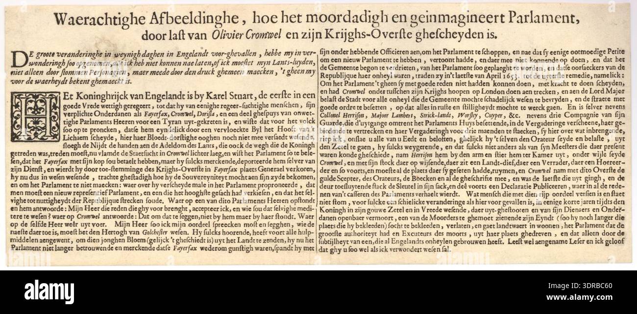 Questo allargamento del 1653 illustra Oliver Cromwell che attua lo scioglimento del lungo Parlamento. Cromwell ordina ai membri di uscire dalla camera dei comuni; il generale Lambert, Anthony Ashley Cooper e Walter Strickland sono presenti. Il generale Harrison trascina Lenthall mentre il generale Worsley dirige gli impiegati a rimuovere i libri. Un'oca con coda di pavone porta una scopa e una lanterna. La stampa enfatizza composizione, gesto, figura, satira, azione, linework e narrazione storica. Foto Stock