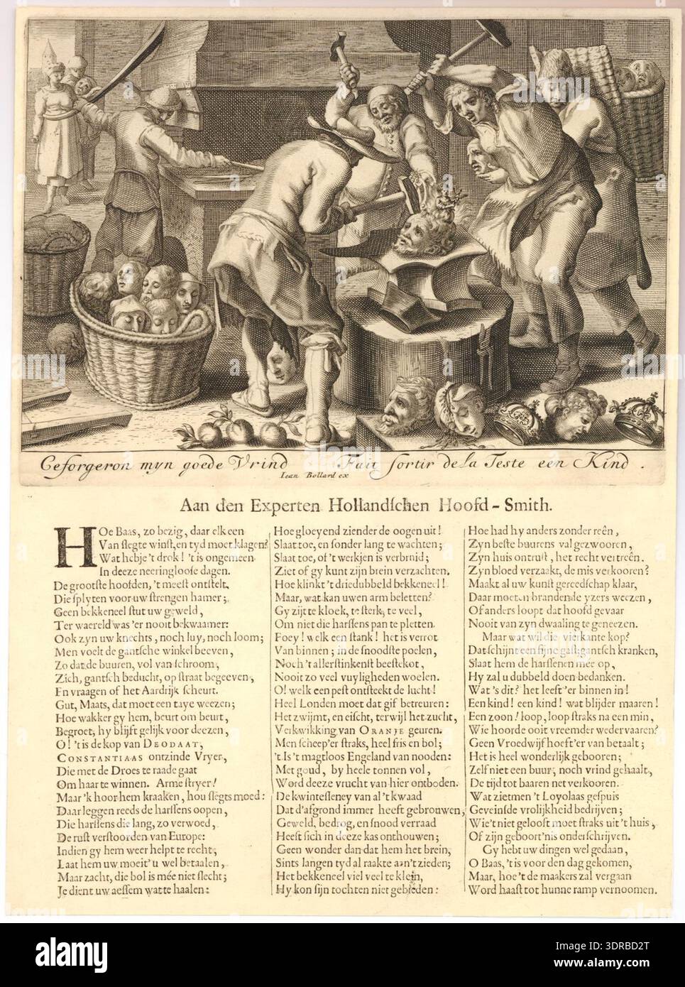 Questa bordata del 1689 dopo Karel van Mander i satira di padre Petre. L'incisione mostra un interno spumeggiante dove tre fabbri rompono la testa di Petre, rivelando che il giovane Principe di Galles regge un mulino a vento. Il cappello di un gesuita si appoggia contro un'incudine; un uomo aziona i soffietti dietro. Vengono visualizzati cesti con teste umane, corone, arance e figure in avvicinamento. I titoli Letterpress e tre colonne di versi forniscono commenti satirici, illustrando la critica politica, religiosa e culturale nell'Inghilterra del XVII secolo. Foto Stock