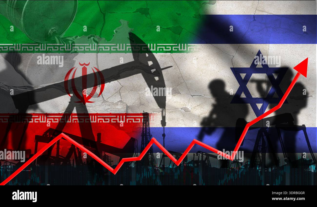 Aumento dei prezzi della benzina a causa della guerra tra Israele e Iran. Aumento del prezzo del petrolio a causa della guerra tra Iran e Israele Foto Stock