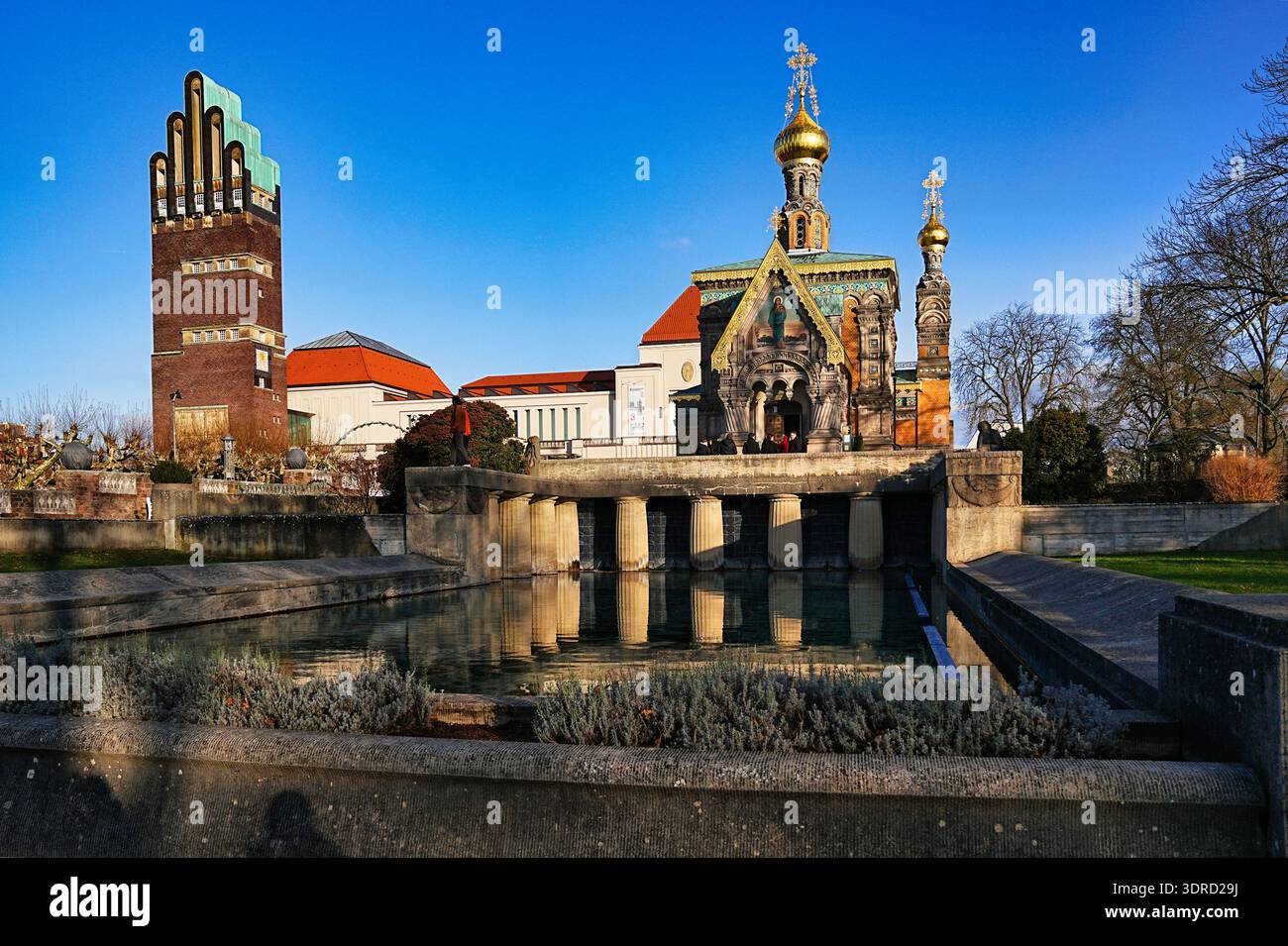 Torre dei matrimoni e Cappella Russa sul Mathildenhöhe a Darmstadt Foto Stock