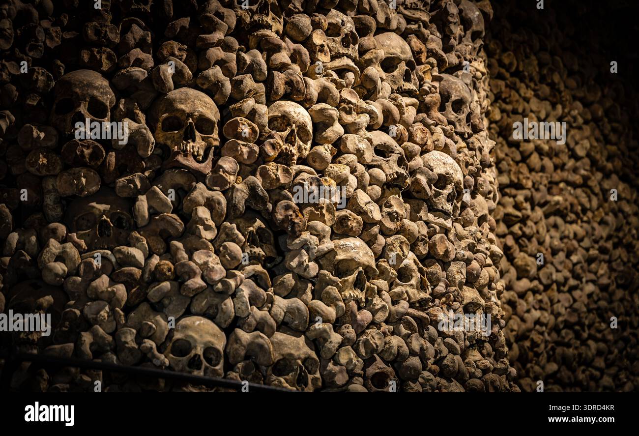 Primo piano di teschi e ossa umani che formano un muro ossario in una catacomba fioca, creando una trama inquietante; ideale per orrore, storia, campai di Halloween Foto Stock