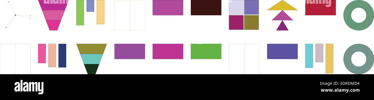 Set diversificato di elementi infografici astratti colorati e forme geometriche su sfondo bianco, ideale per la visualizzazione dei dati. Illustrazione Vettoriale