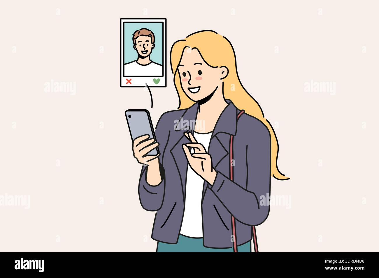 La donna usa l'app per appuntamenti sul cellulare, scegliendo i mi piace per foto e profilo di navigazione Foto Stock