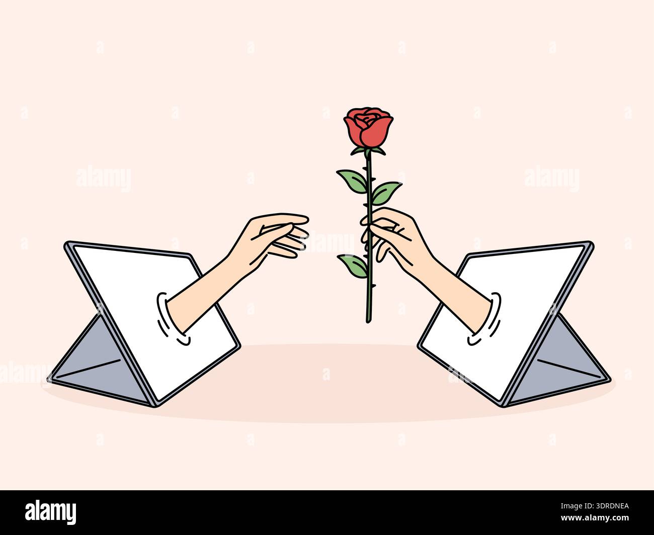 Mano con rosa in tablet è metafora per le relazioni online e gli incontri utilizzando gadget digitali Foto Stock