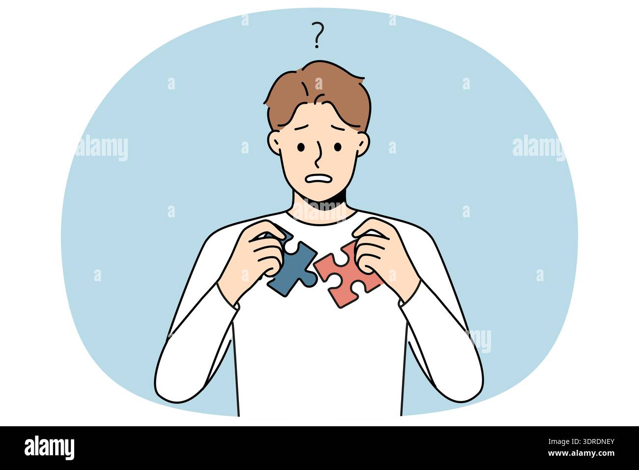 Un uomo confuso pensa ai puzzle Unisciti Foto Stock