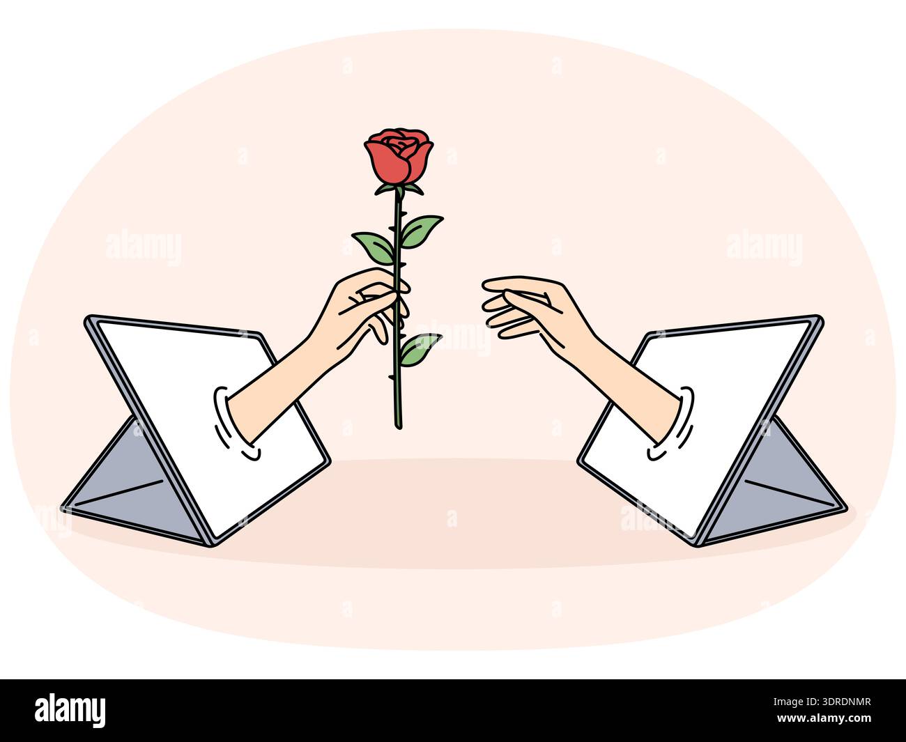 Mano con rosa in tablet è metafora per le relazioni online e gli incontri utilizzando gadget digitali Foto Stock