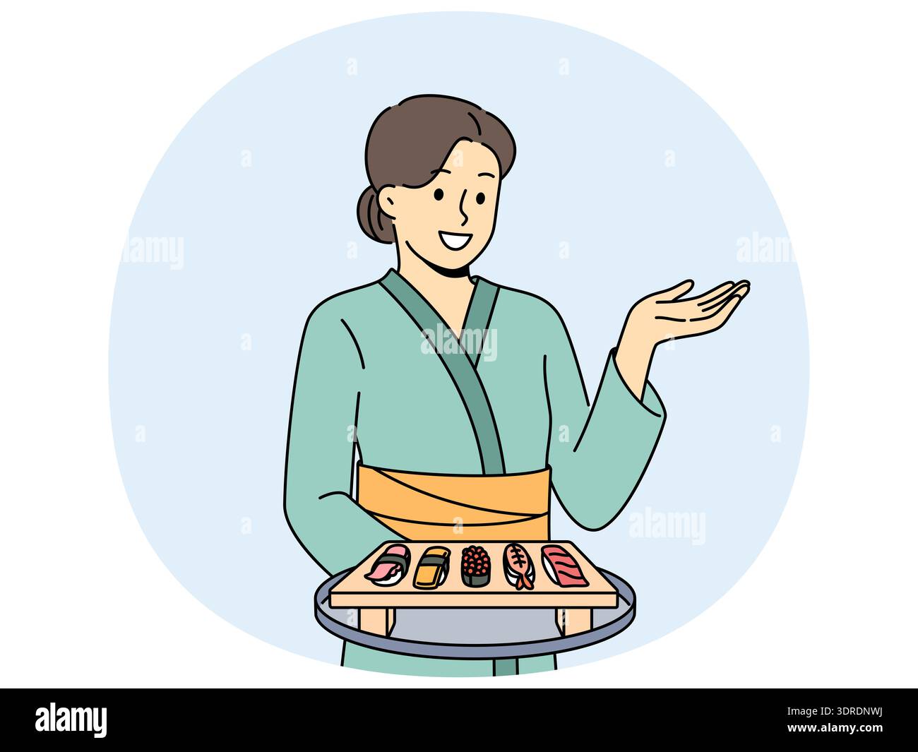 Maestro di sushi donna con antipasto maki su vassoio di legno vestito con tradizionale kimono asiatico Foto Stock
