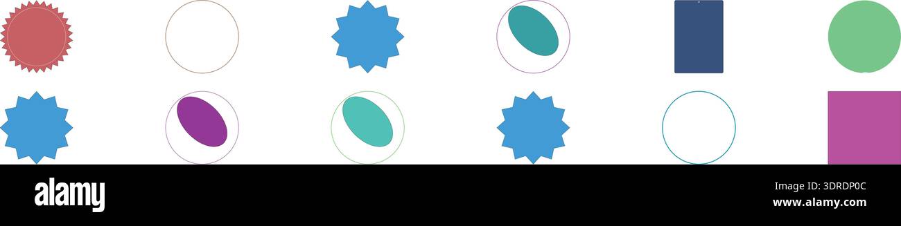 Set di varie forme geometriche colorate e piatte, tra cui cerchi, ovali, rettangoli e stemmi Starburst, isolato. Illustrazione Vettoriale
