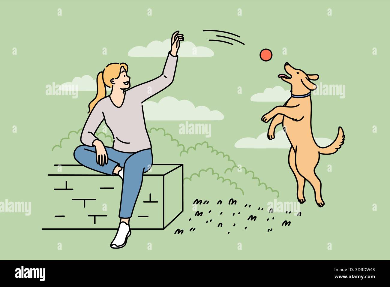 La donna gioca con il cane nel parco, lanciando la palla al cucciolo rimbalzante e godendosi il bel tempo Foto Stock