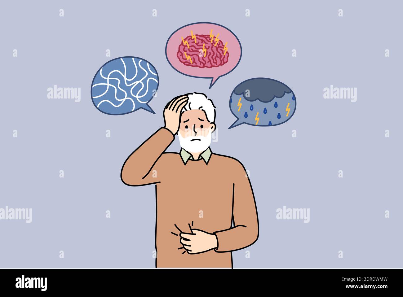 Demenza e malattia di alzheimer nell'uomo anziano che soffre di confusione cerebrale e dolore alla testa Foto Stock