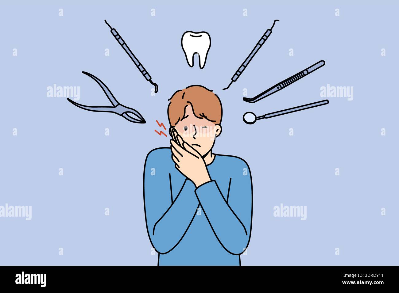 L'uomo soffre di dolore ai denti e di comparsa di carie, si trova tra gli strumenti dentali Foto Stock