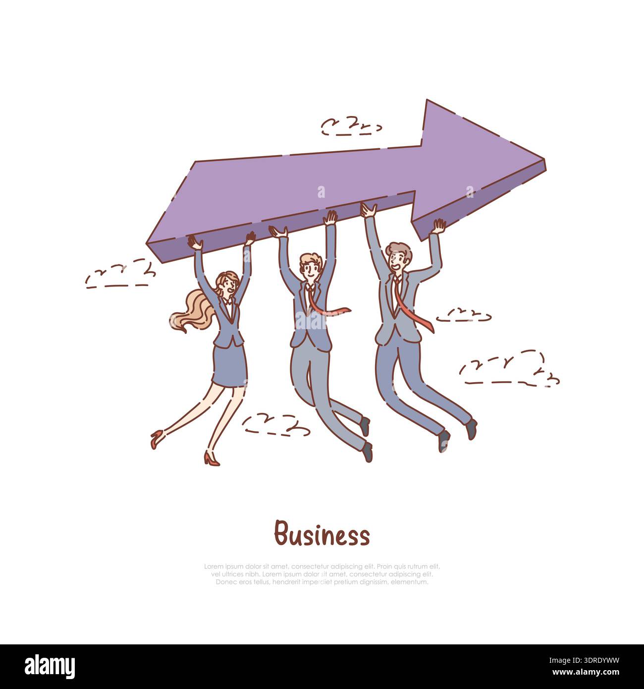 Uomini e donne in abiti formali con grande freccia, metafora dell'imprenditorialità, partnership di successo, bandiera del coworking Foto Stock