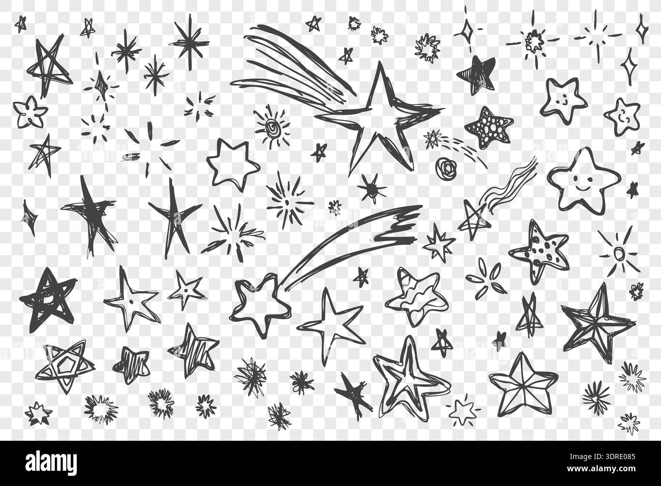 Insieme di varie stelle disegnate a mano Foto Stock