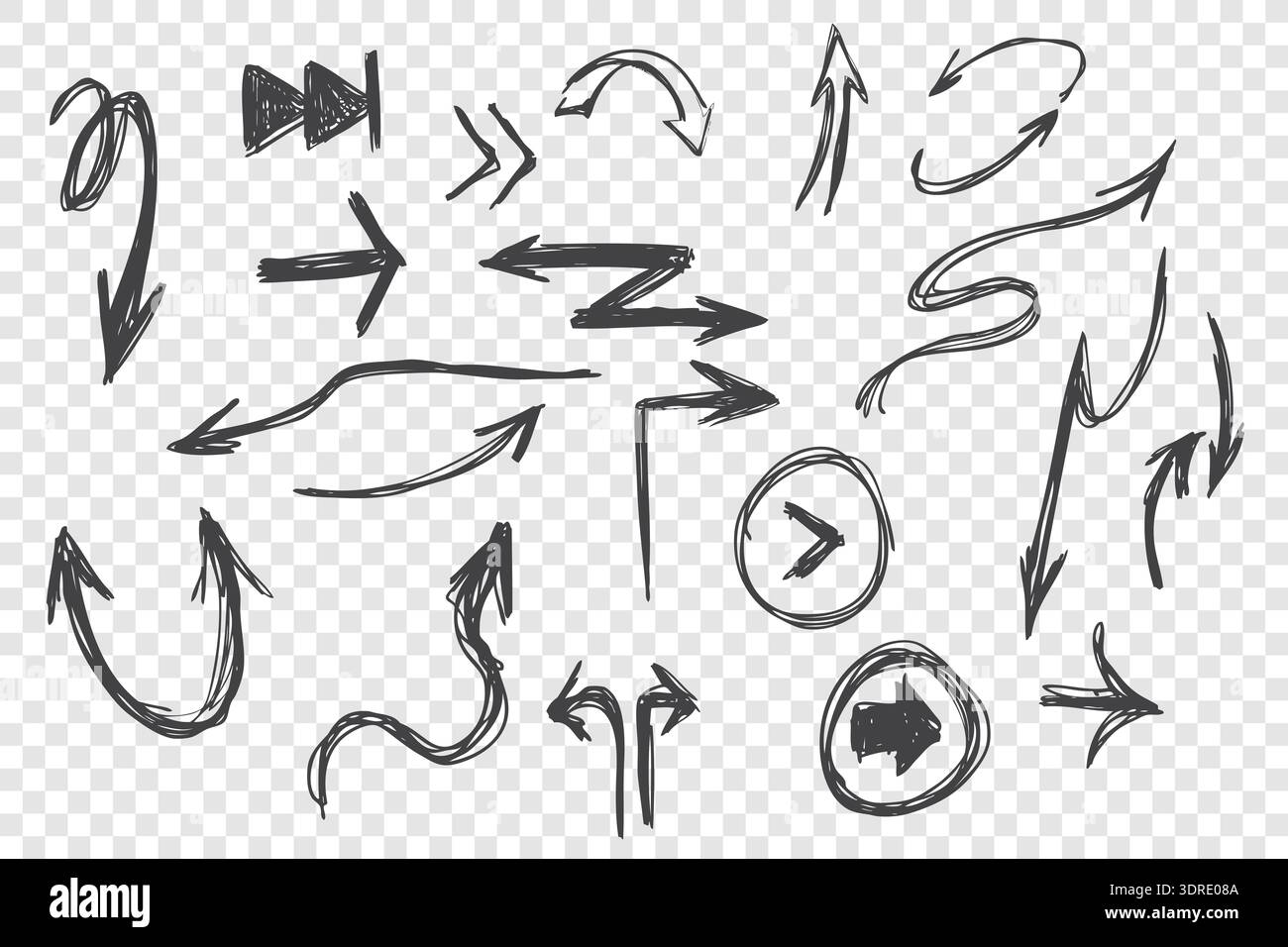 Set di frecce nere disegnate a mano Foto Stock