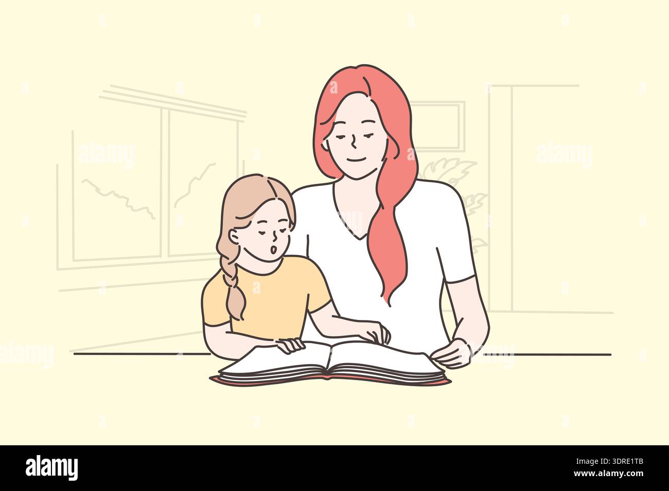 Istruzione, famiglia, lettura, insegnamento, maternità, concetto d'infanzia Foto Stock