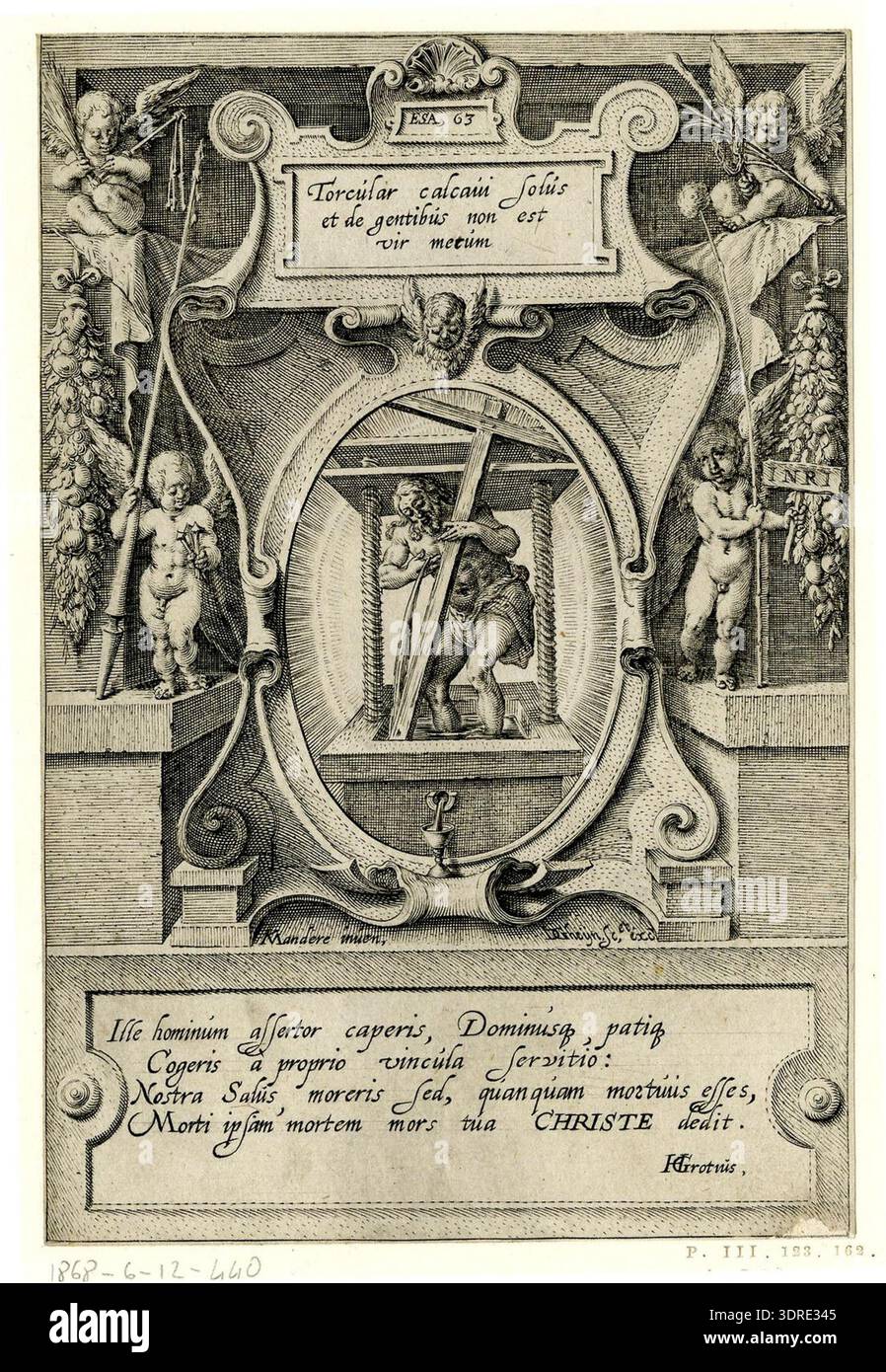 Incisione 1596-1598 raffigurante Cristo nel vino, scena ovale incorniciata all'interno di una struttura scultorea. Quattro putti tengono strumenti di tortura intorno a lui. Dopo Karel van Mander I. la stampa esemplifica le immagini religiose europee del tardo XVI secolo, la composizione narrativa, le tecniche di incisione rinascimentale, il simbolismo visivo e la rappresentazione devozionale nell'iconografia cristiana. Foto Stock