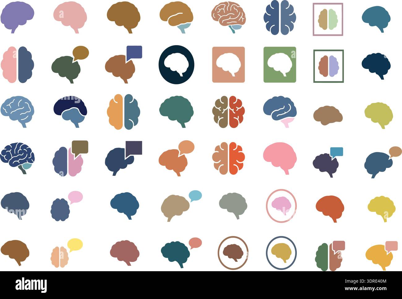 Icone del cervello impostate con la raccolta Human Mind Psychology and Thinking Symbols Illustrazione Vettoriale