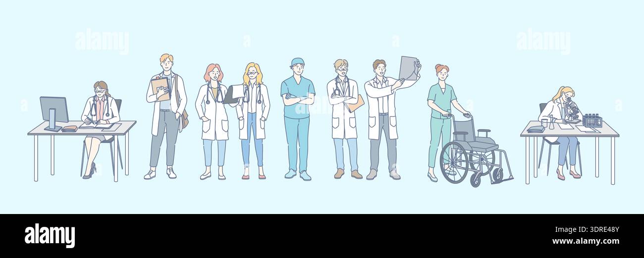 Sanità, ricerca, medicina, concetto di Doctor Set Foto Stock