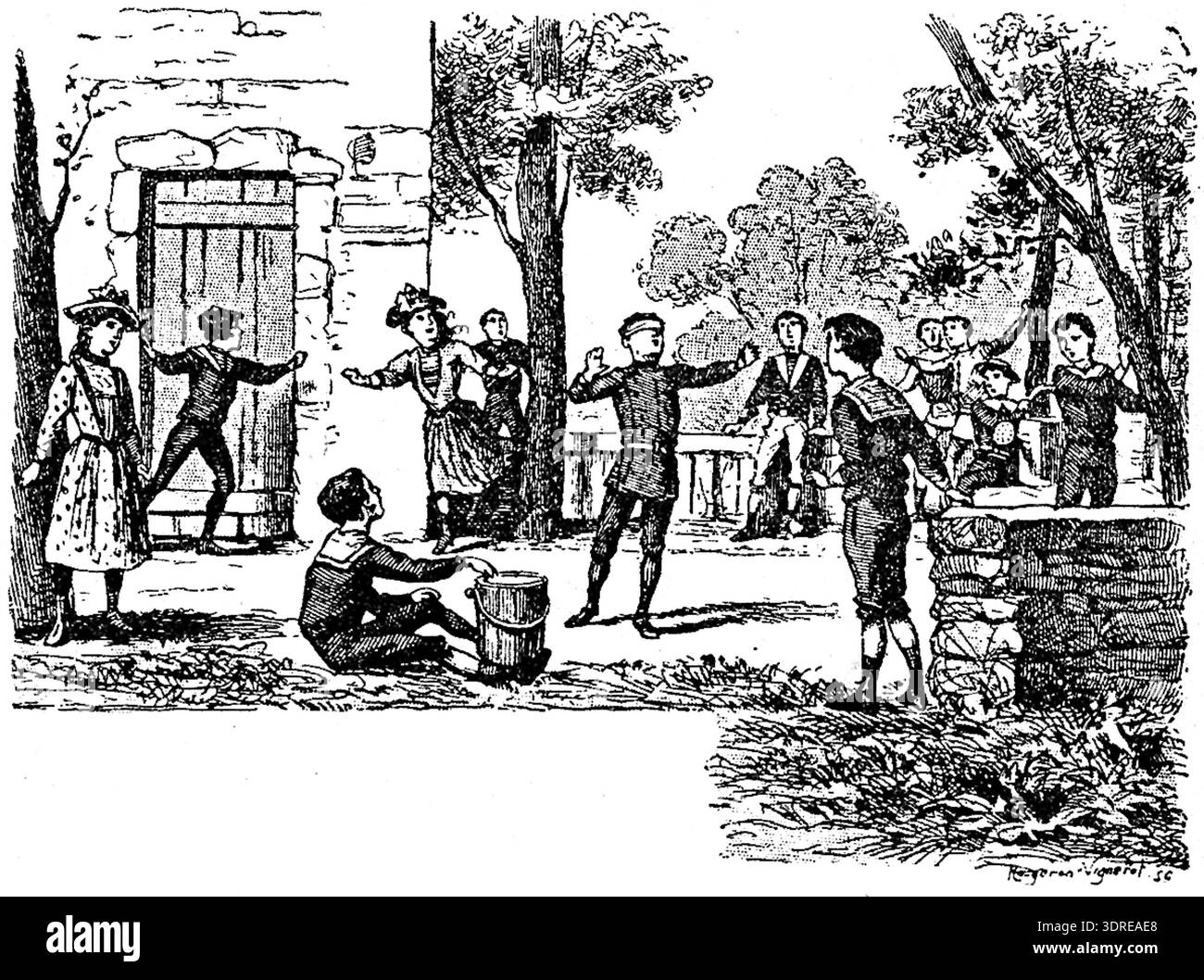 Questa illustrazione tratta dal libro "GRY i zabawy towarzyskie W pokoju oraz na wolnym powietrzu" raffigura giochi sociali e attività per bambini in ambienti interni ed esterni, creati prima del 1910 da Rougeron Vignerot. L'immagine mostra i bambini impegnati in giochi strutturati, mobili e dettagli ambientali che riflettono la vita sociale polacca dei primi anni del XX secolo, attività ricreative e ricreative, fornendo un contesto storico per l'intrattenimento dei giovani e spazi domestici o all'aperto. Foto Stock