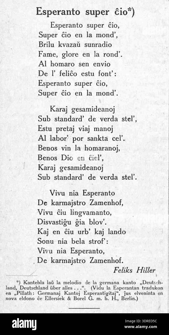 "Esperanto super io" di Feliks Hiller, 1923, è una poesia scritta nella lingua internazionale dell'esperanto. Il testo presenta composizione letteraria con ritmo strutturato, vocabolario e sintassi coerenti con le convenzioni esperantistiche. Il lavoro riflette l'interesse dei primi anni del XX secolo per la comunicazione internazionale, la pianificazione linguistica e l'espressione letteraria, documentando l'impegno di Hiller con la creatività linguistica e la forma poetica. Foto Stock