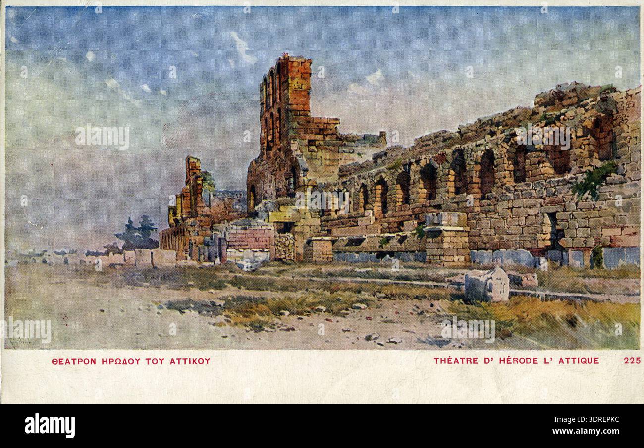Questa cartolina riproduce il dipinto di Angelos Giallinas del Teatro di Erode Attico ad Atene, Grecia, intorno al 1910. Mostra l'antico teatro in pietra con posti a sedere semicircolari, l'area del palcoscenico ed elementi architettonici classici. Il dipinto cattura il significato storico, culturale e artistico, illustrando la costruzione del periodo romano all'interno di un paesaggio ateniese. Pubblicata da Aspiotis, l'opera enfatizza il patrimonio, lo spazio delle performance e l'interpretazione artistica greca dell'architettura classica del XX secolo. Foto Stock
