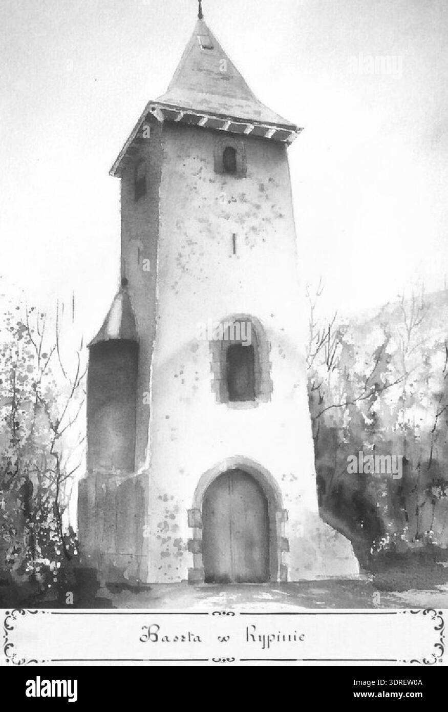 Questa cartolina del 1908 mostra la Torre Rypin (Baszta Rypin), costruita nel XIV secolo e demolita nel 1868. L'immagine riflette l'architettura difensiva medievale, la costruzione in pietra e le fortificazioni urbane storiche. La cartolina documenta gli sforzi polacchi dell'inizio del XX secolo per preservare e registrare edifici storici, illustrando il design architettonico, gli elementi strutturali e il patrimonio culturale. Foto Stock