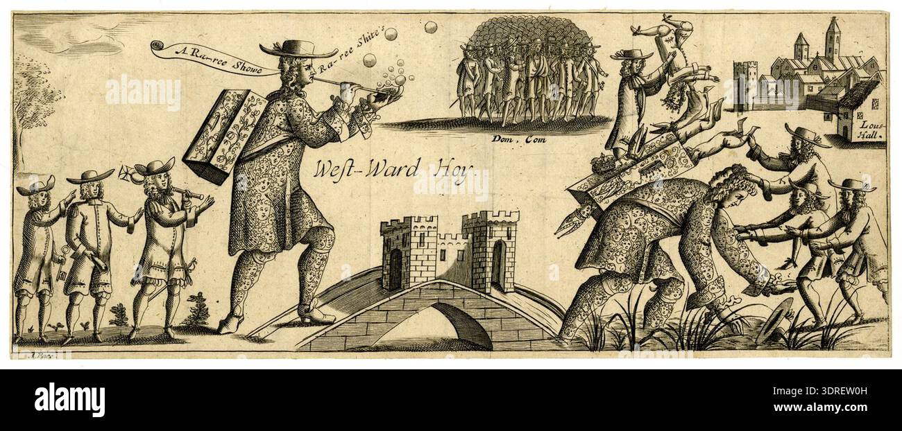 Questa incisione e incisione del 1681, "A Raree Show", satira il re Carlo II con una testa di Giano che porta una scatola di raree, seguita da tre uomini con una chiave, una pergamena e uno scettro sul Tower Bridge etichettato "West-Ward Hoy". Dall'altra parte, Carlo II viene mostrato cadere in una palude assalita da figure che rappresentano il Parlamento, con oggetti provenienti dalla sua scatola di trucchi politici, tra cui la testa del Papa. Lo sfondo include uomini etichettati 'Dom. COM' e un edificio etichettato 'Lous-Hall' vicino Oxford, enfatizzando la satira e il commento politico nell'Inghilterra del XVII secolo. Foto Stock