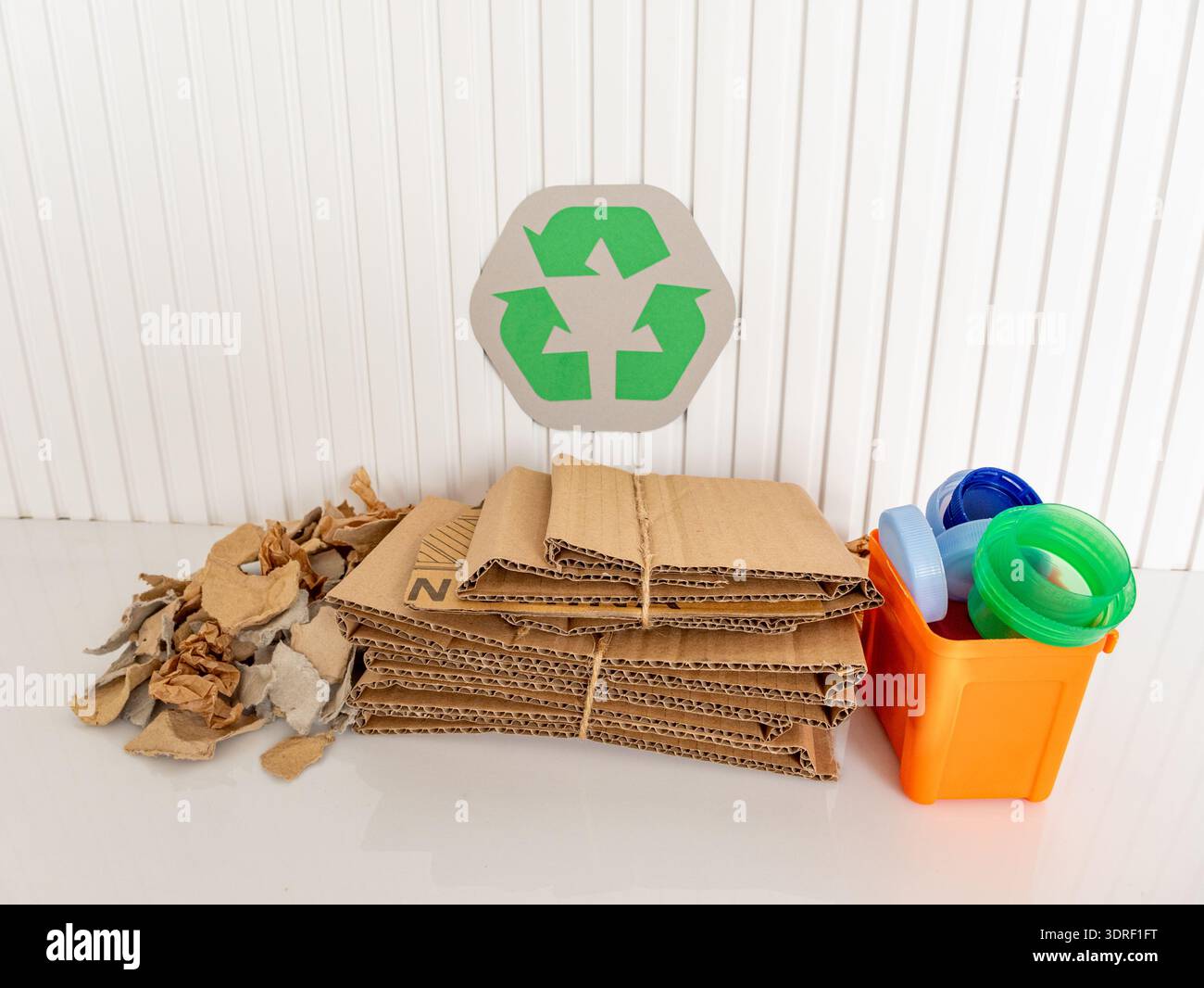 Contenitori di riciclaggio con tappi in plastica e rifiuti di cartone su sfondo bianco Foto Stock