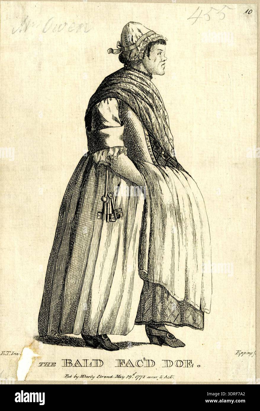 L'incisione del 1772 "The Bald FAC'd Doe" di Matthew Darly dopo Edward Topham raffigura una donna robusta in piedi di profilo a destra. Indossa un berretto, maniche a gomito, una sciarpa figurata e una gonna intera dritta su una petticoat trapuntata. La sua mano destra è sotto il grembiule e le chiavi sono appese alla vita. L'incisione mostra ritratti, abiti e rappresentazioni sociali del XVIII secolo, mettendo in evidenza costume, postura, e dettagliate tecniche di incisione del periodo georgiano. Foto Stock