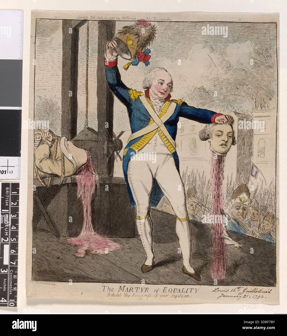 Questa incisione colorata a mano del 1793 di Isaac Cruikshank, pubblicata da S W Fores, raffigura Orléans (Égalité) sull'impalcatura come granatiere della Guardia Nazionale. Tiene la testa decollata di Luigi XVI nella mano sinistra mentre sventolava il berretto alla destra. Dietro di lui c'è la ghigliottina con il corpo del re. Sotto, sono visibili le teste e le baionette della Guardia Nazionale, con gli spettatori che riempiono le finestre e i tetti. La stampa rappresenta la violenza rivoluzionaria francese e lo spettacolo pubblico. Foto Stock