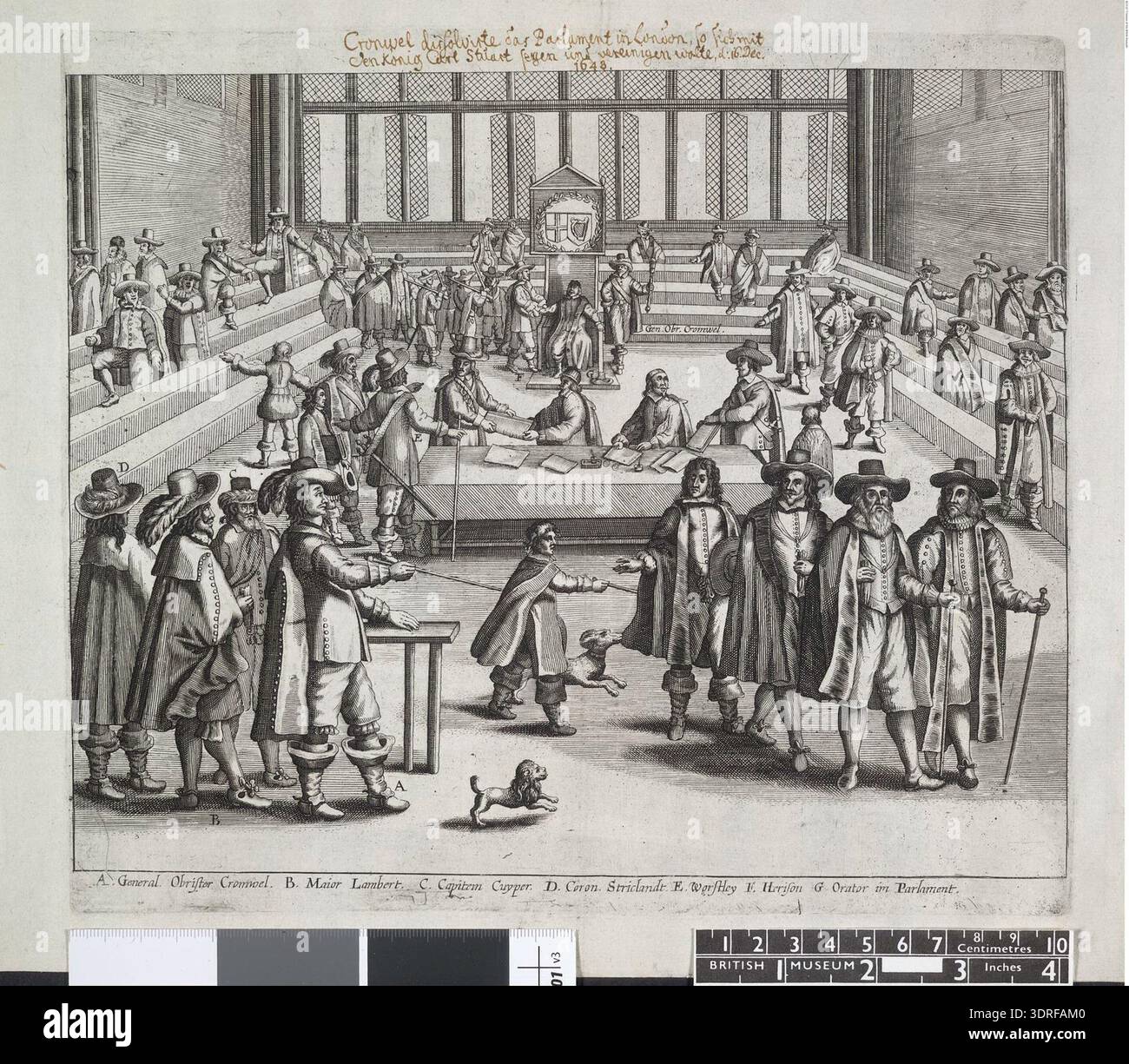 Questa incisione e incisione risalente al 1653 mostra che Oliver Cromwell scioglie il lungo Parlamento. Cromwell si trova al bar della camera dei comuni, comandando ai membri di partire mentre figure come il generale Lambert, Anthony Ashley Cooper e Walter Strickland testimone. Sullo sfondo, il generale Harrison rimuove il presidente Lenthall e gli impiegati dai registri parlamentari. La stampa illustra la satira, l'autorità politica, la governance e la procedura parlamentare nella metà del XVII secolo in Inghilterra. Foto Stock