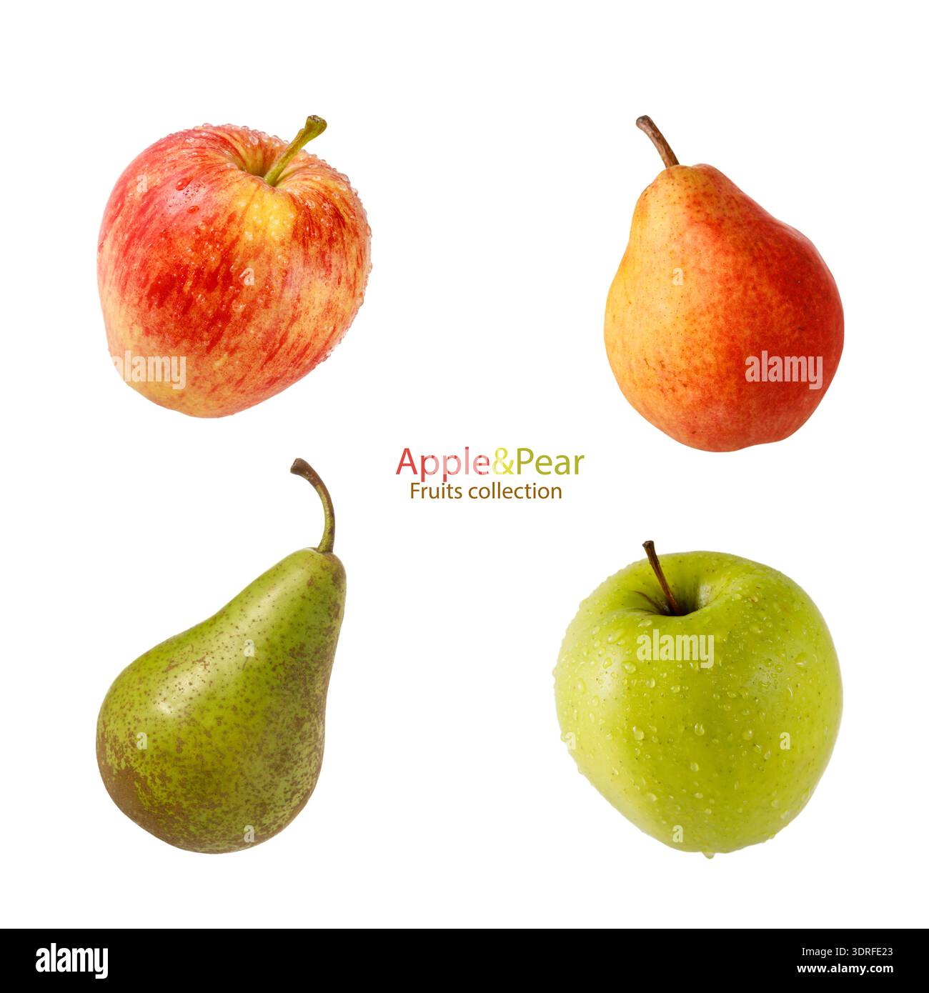 Pere fresche rosse, verdi e gialle e mele con gocce d'acqua isolate su sfondo bianco. Raccolta di set di frutta per il tuo design Foto Stock