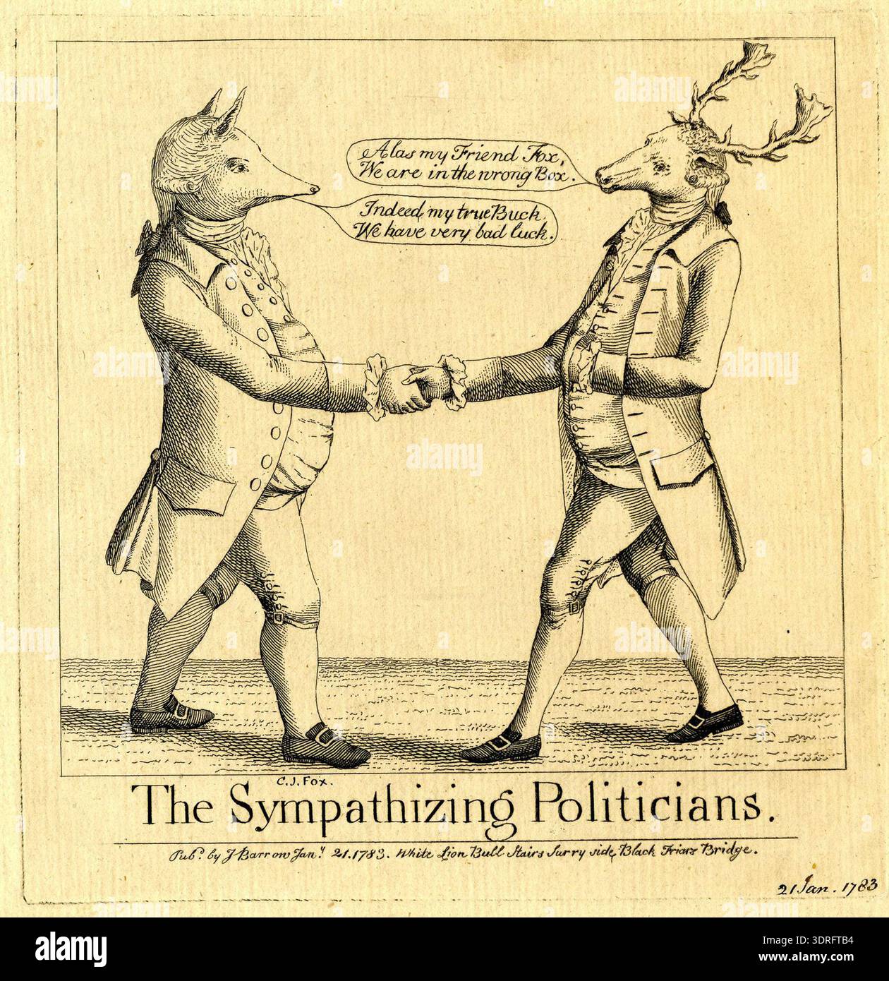 Questa incisione del 1783, intitolata The Sympathizing Politics, raffigura Charles Fox con la testa di una volpe che stringe la mano a un uomo più alto con la testa di un cervo e le corna. Entrambi i personaggi indossano parrucche e camicie con volant. La figura del cervo dice: "Ahimè, amico mio Fox, siamo nella scatola sbagliata” e Fox risponde: "Davvero, mio vero Buck, abbiamo molta sfortuna”. Eseguita il 21 gennaio 1783, la stampa mostra satira politica del XVIII secolo, rappresentazione antropomorfica, tecniche di incisione e commento simbolico su figure politiche. Foto Stock