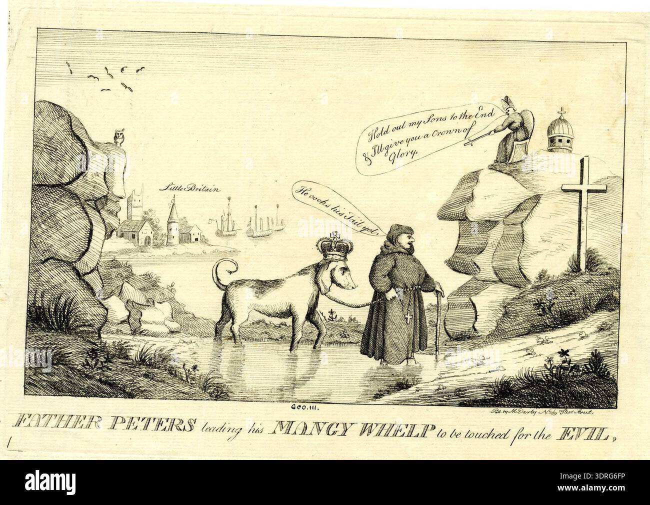 Incisione "padre Peters Leading His Mangy Whelp to be touched for the Evil", c. maggio 1780. Raffigura un cane che conduce monaco con la testa coronata attraverso ford, in avvicinamento alla croce laterale. Papa seduto sulle rocce si estende attraverso i viaggiatori. Cupola di San Pietro visibile. Chiese rurali sulla riva lontana, tre navi smantellate con scopa a testa di albero. Illustra rituali religiosi del XVIII secolo, superstizione, pellegrinaggio, raffigurazione di animali, figure umane, gesti, espressioni, architettura, paesaggio, river ford, folla, comportamento sociale, stampa, tecnica di incisione, composizione, narrazione visiva, grafica, foglio, Foto Stock
