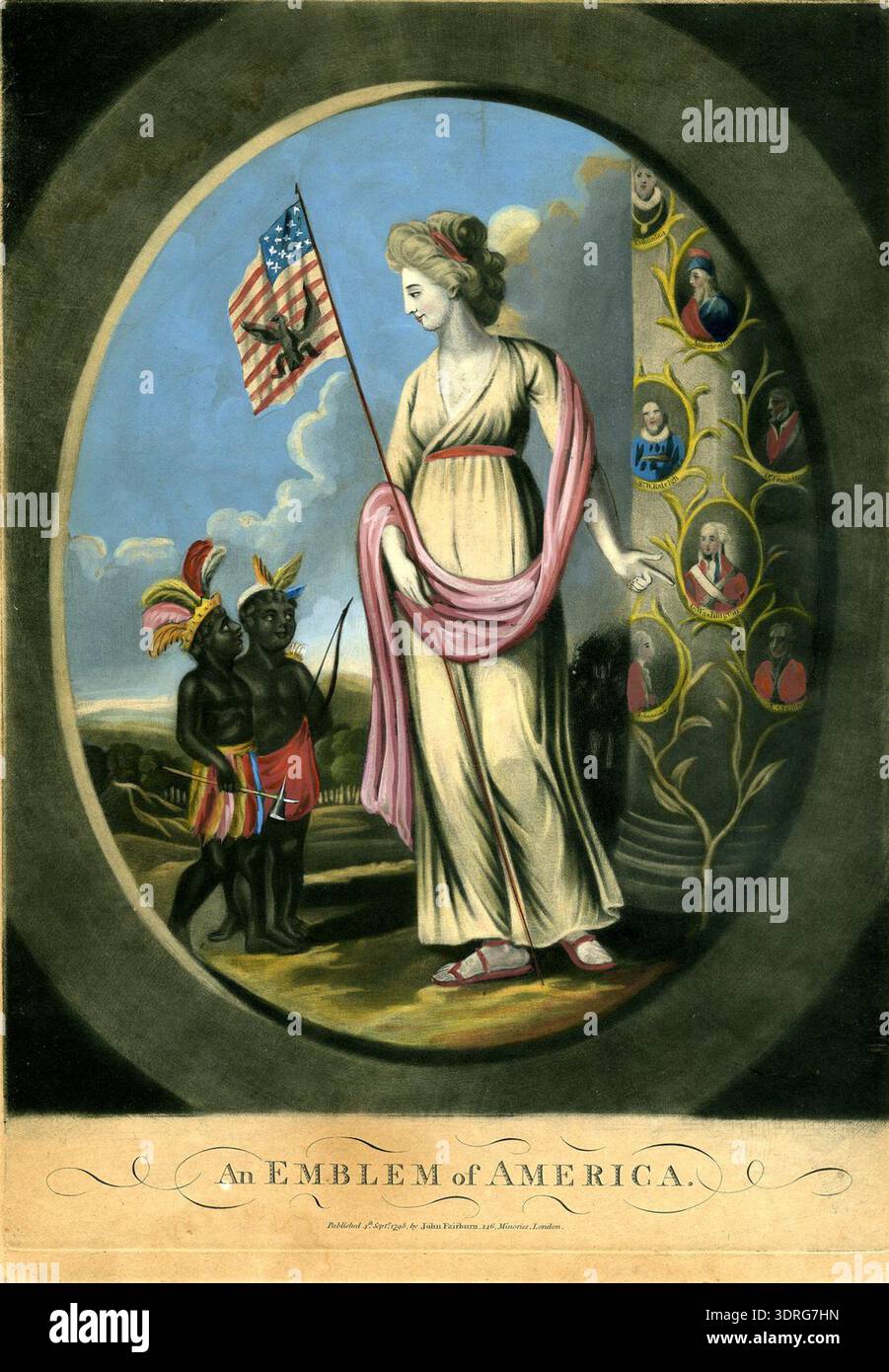 Questo mezzotinta del 1798 colorato a mano con incisione raffigura una figura allegorica dell'America che si trova a tutta lunghezza sulla sinistra, con uno standard che mostra stelle, strisce e un'aquila. Due ragazzi neri con i copricapo piuma si alzano alla sua sinistra, mentre gestiscono verso un pilastro decorato con ritratti ovali di Colombo, Americanus, Raleigh, Washington, Adams, e un'altra cifra. La stampa illustra l'allegoria americana del tardo XVIII secolo, la ritrattistica e il simbolismo visivo in contesto politico e storico. Foto Stock