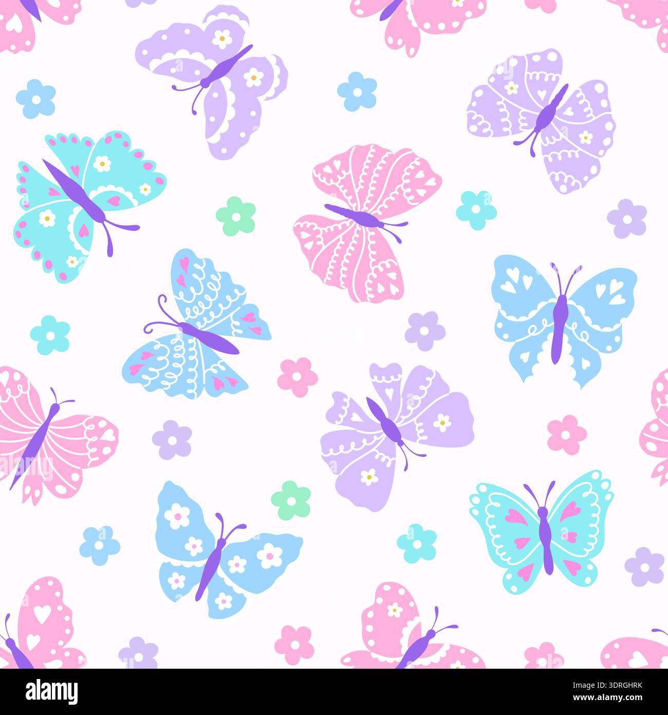 Motivo senza cuciture con farfalle e fiori colorati e stravaganti. Design pastello per vivaio, tessuti, design digitale. Illustrazione Vettoriale