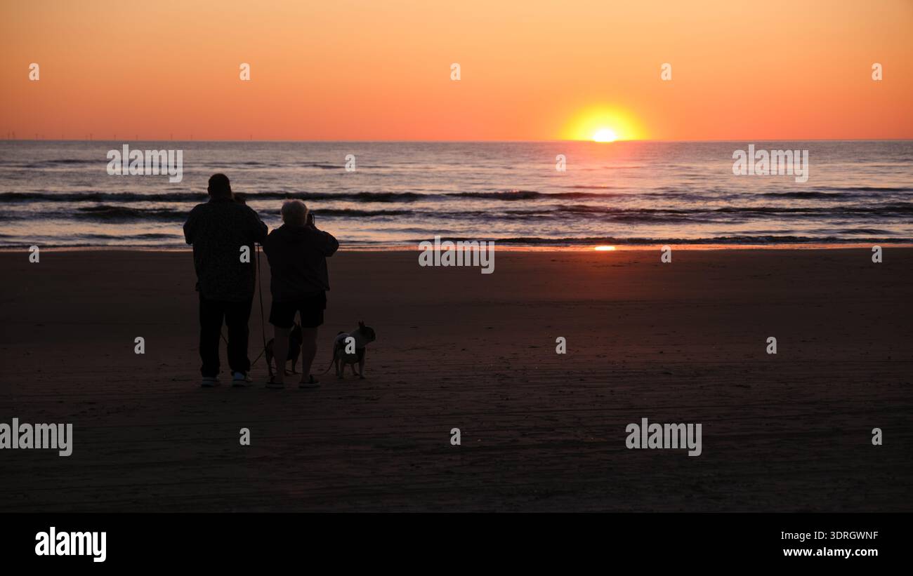 Coppia che si gode una romantica passeggiata al tramonto sulla spiaggia in Danimarca con il proprio cane Foto Stock