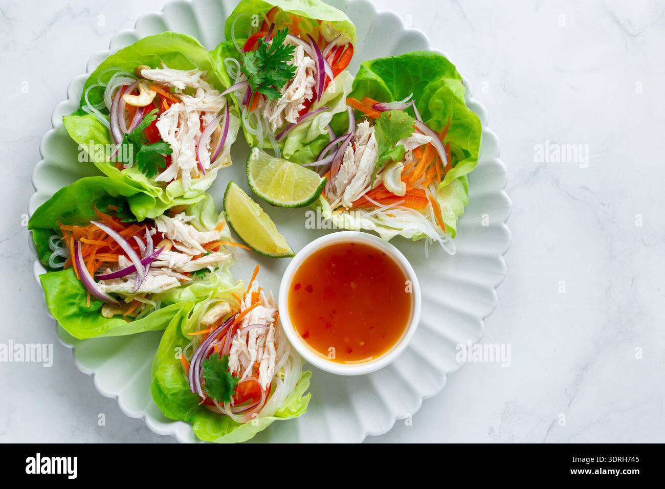 Involtini di lattuga di pollo e verdure Foto Stock
