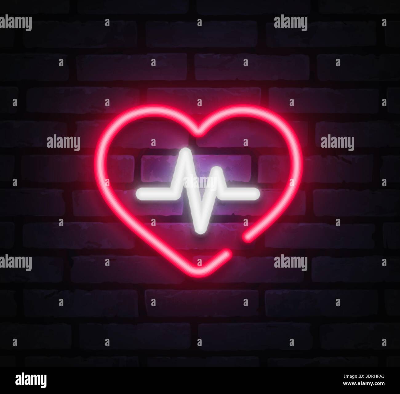 Icona del cuore vettoriale al neon con linea del battito cardiaco bianca su sfondo mattone scuro. Ideale per temi medici, app per la salute ed elementi di interfaccia moderni. Illustrazione Vettoriale