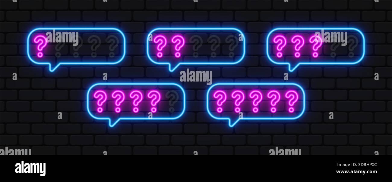 Scala dei punti interrogativi al neon in rosa vivo all'interno di bolle di riconoscimento vocale. I simboli luminosi rappresentano i livelli di incertezza e feedback. Perfetto per sondaggi e quiz Illustrazione Vettoriale