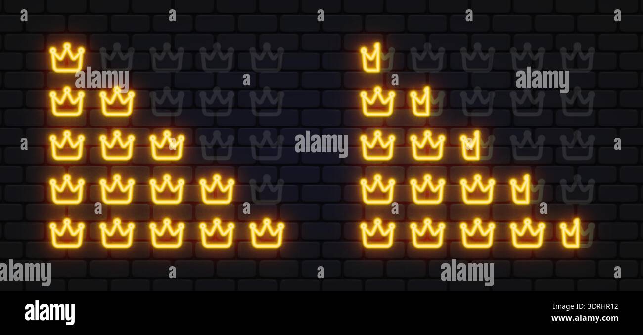 Sistema di classificazione della corona al neon con simboli dorati brillanti. Le forme regali evidenziano lo stato e i livelli di raggiungimento. Ideale per programmi VIP, classifiche, o. Illustrazione Vettoriale