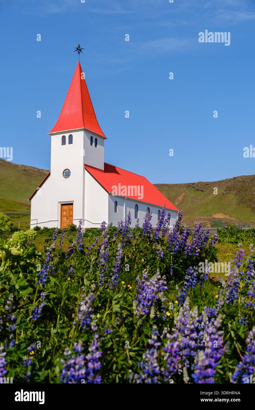 Esplora lo splendido paesaggio dell'Islanda, caratterizzato da una pittoresca chiesa con un vivace tetto rosso Foto Stock