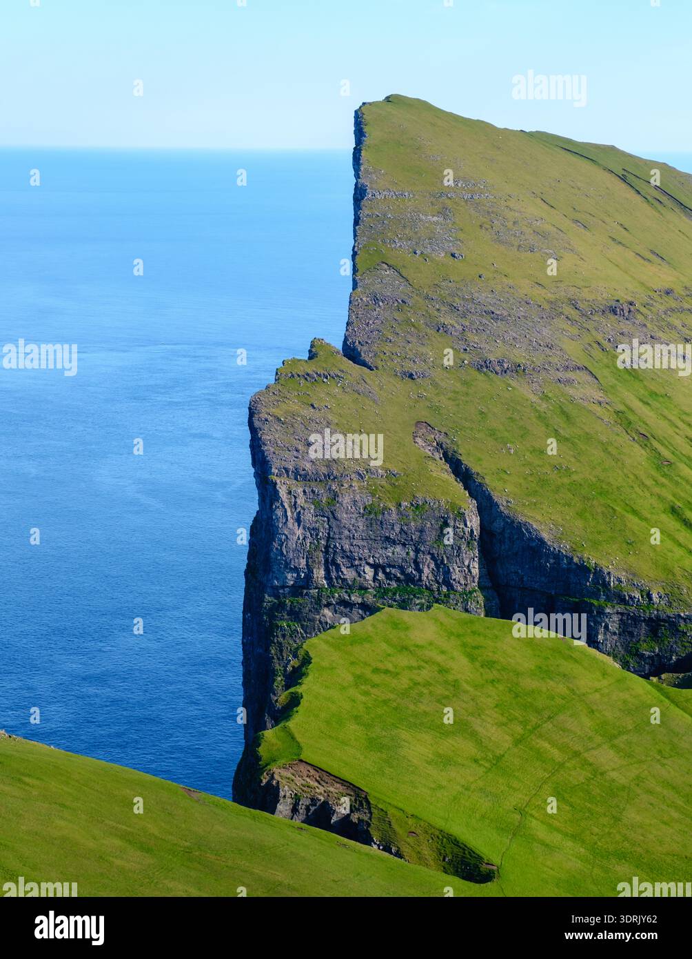 La scogliera di Mylingur si innalza nettamente dall'Oceano Atlantico, ricoperta di lussureggiante erba verde delle Isole Faroe Foto Stock