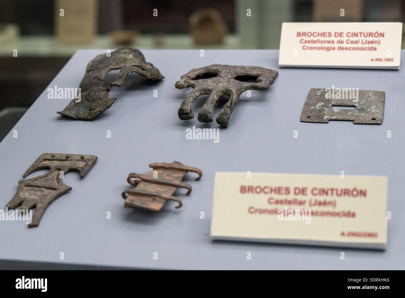 Jaen, Spagna - 28 ottobre 23: Fibbie per cinture archeologiche e accessori metallici con etichette spagnole esposte al Museo Provincial de Jaén di Jaén, Andalus Foto Stock