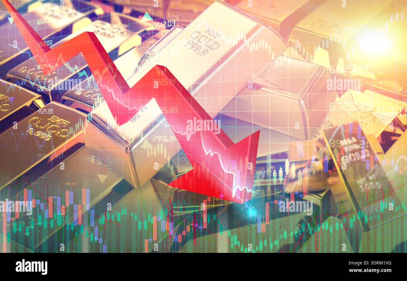 Calo del prezzo dell'oro nei mercati finanziari. Calo del prezzo dell'oro nelle statistiche e nei grafici di mercato Foto Stock