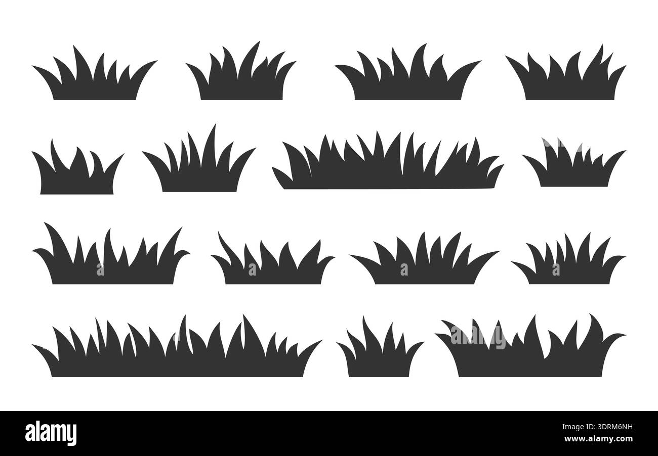 Set di icone Grass Organic Growth Black silhouette. Elementi di prato disegnati a mano per la progettazione del paesaggio, sfondo ecologico della natura. Verde erba forma bordi. Timbri fai da te. Illustrazione vettoriale Illustrazione Vettoriale